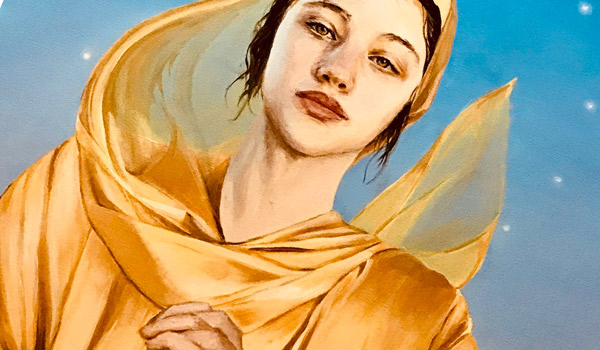 detail of painting of woman clothed in gold