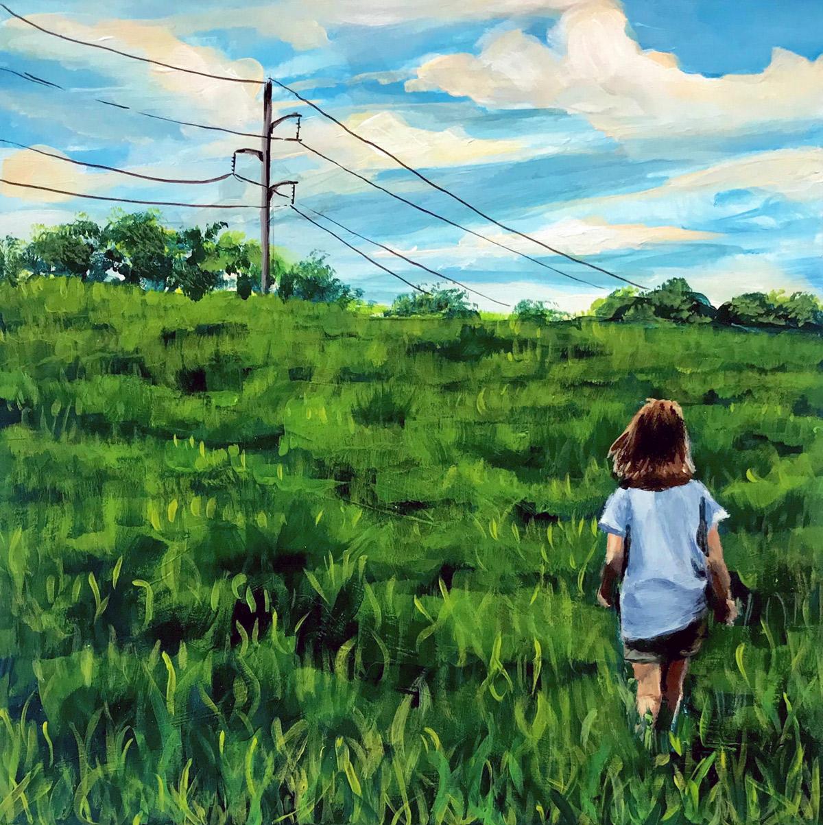 Painting of young girls walking in green field